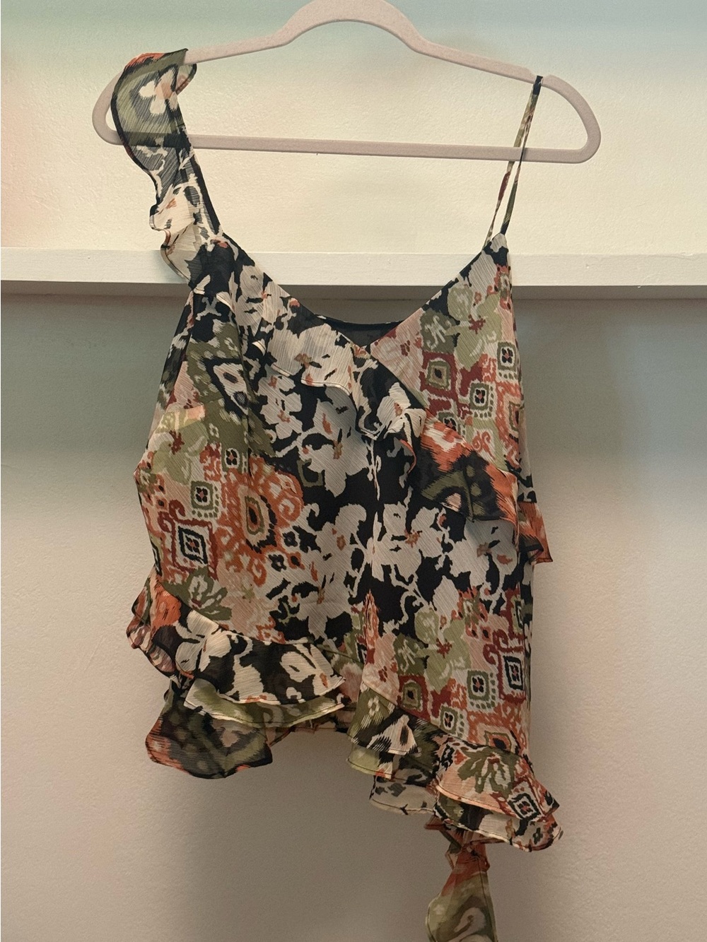 LOFT Floral & Ikat Mixed-Print Ruffle Camisole - Black/Olive/Coral